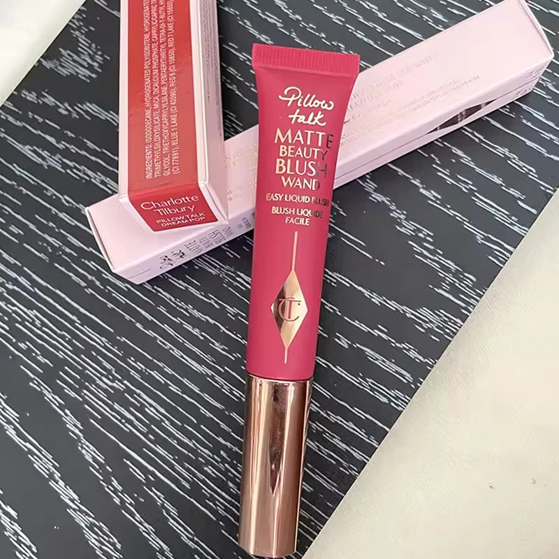 Charlotte Tilbury Pillow Talk Matte Beauty Blush Wand in pink tube with rose gold cap, designed for easy liquid blush