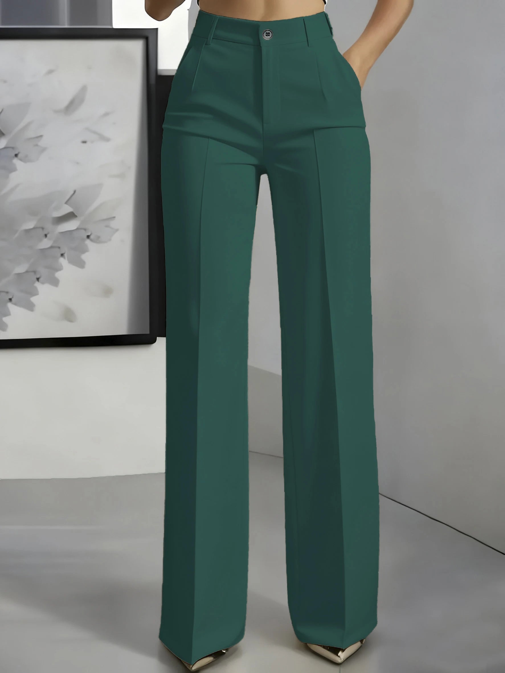 New 2025 Women's High-Waisted Draped Straight-Cut Suit Pants in teal, made of smooth fabric, featuring a simple European American cross-border fashion style.