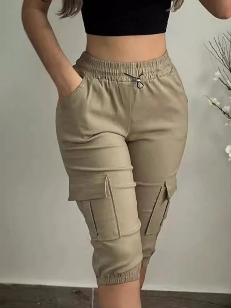Summer Women's Slim-Fit Capri Trousers Solid Color casual beige capri pants with multiple pockets, high waist, lace-up detail, and tight leg fit.