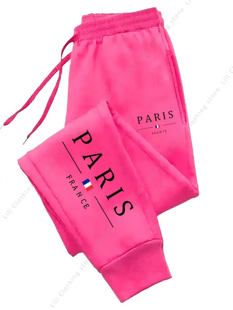2025 New Hot Sale PARIS Jogger Pants for Women's Trousers in pink fleece material, high waist, casual sports style, autumn