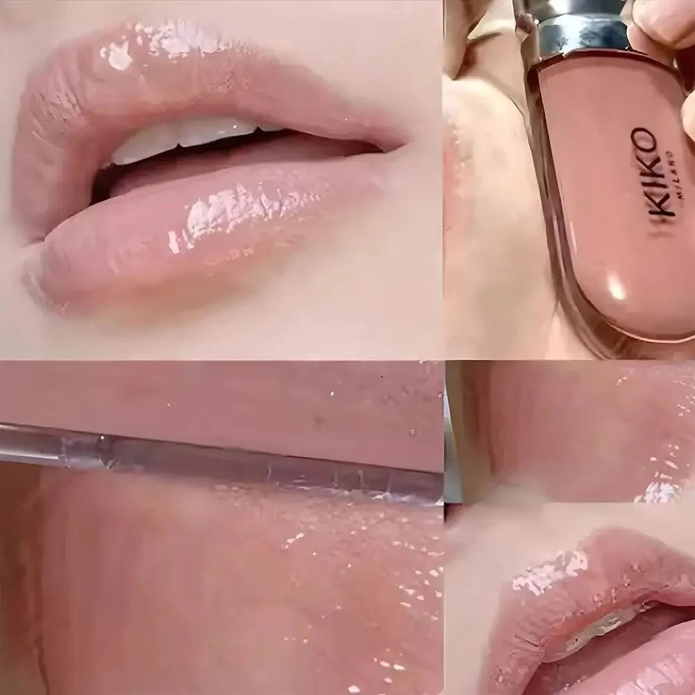 Fashion Kiko 3D Hydra Lip Gloss in a pink shade with a glossy, moisturizing, shimmer finish on lips and the product bottle.