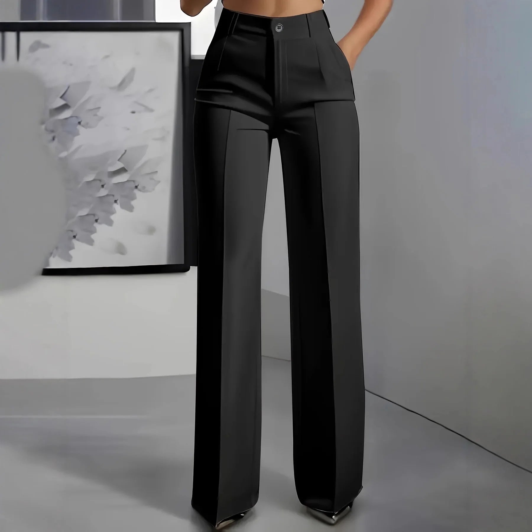 Women's High-Waisted Straight-Leg Trousers formal black slim-fit suit trousers with a classic solid color, tailored for office wear.