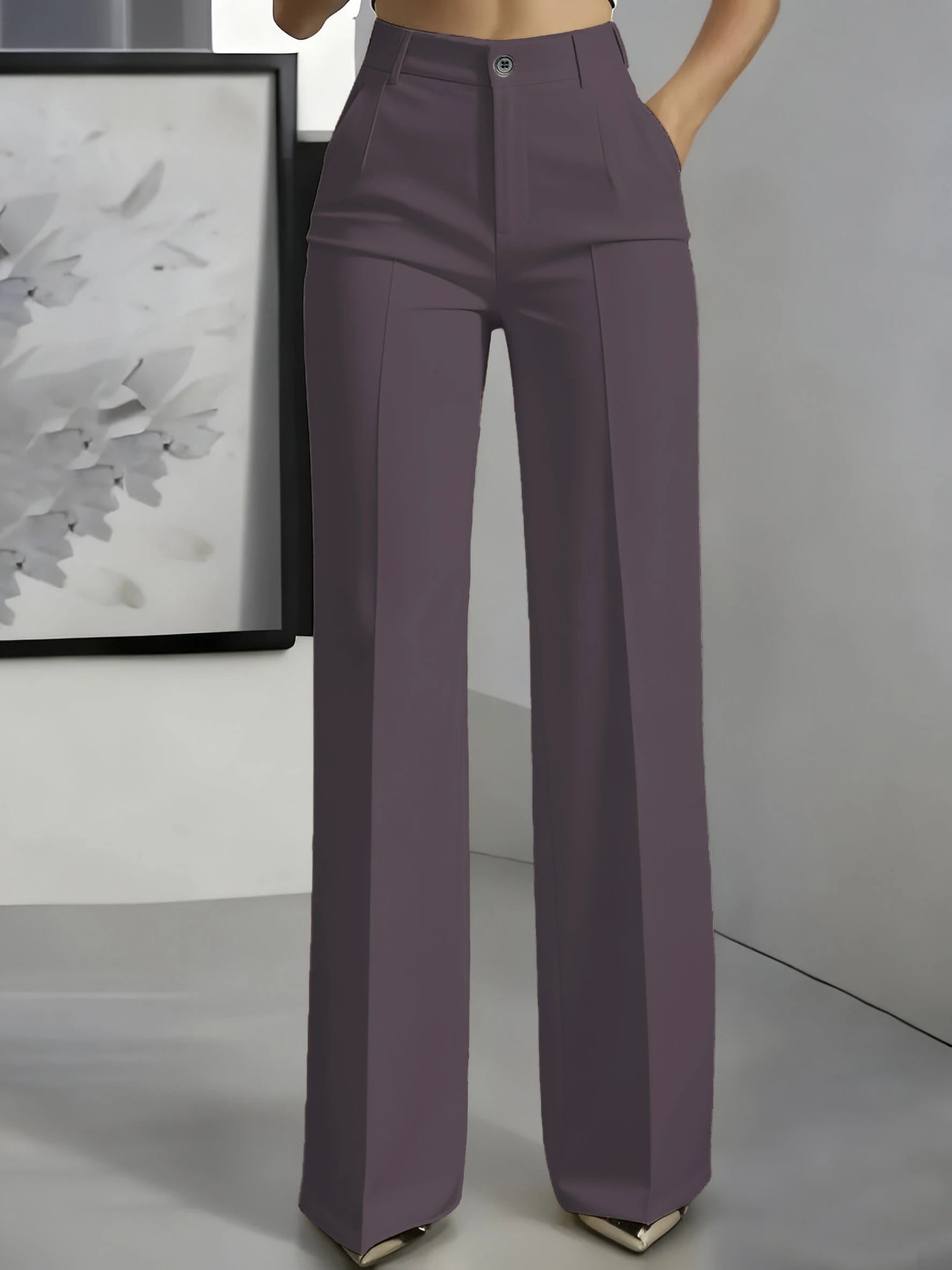 New 2025 Women's High-Waisted Draped Straight-Cut Suit Pants in purple, made of smooth fabric, suitable for formal or casual wear.