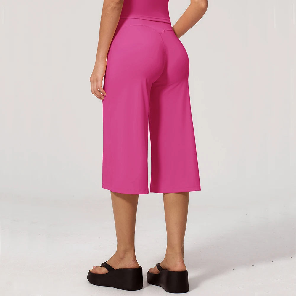 Summer Capri Pants for Women Wide Leg Yoga Cropped Pants Tummy Control High Waist in Flare Crop Butterly Soft Loose Casual Pants, pink color, cropped wide-leg style.