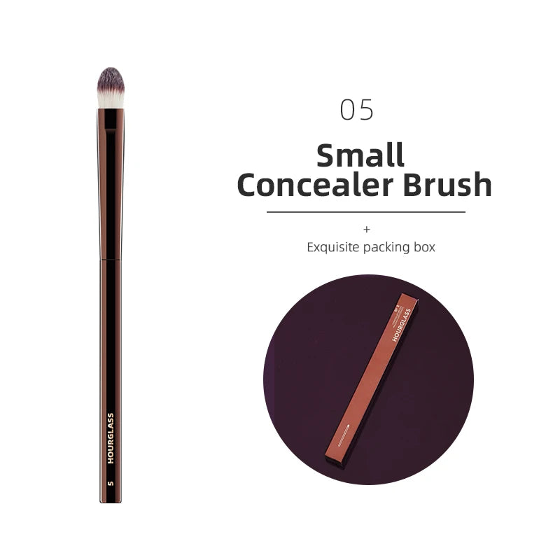 Hourglass Makeup Brushes Small Concealer Brush with brown handle and black bristles, shown with packaging and box.