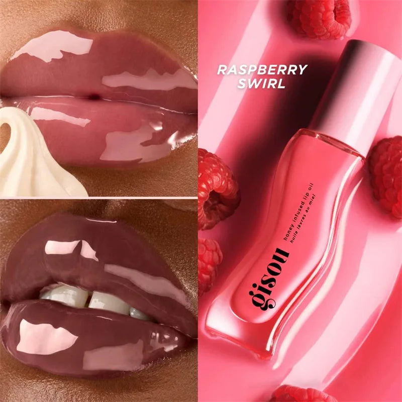 Gisou Moisturizing Watermelon Lip Balm Lip Oil Gloss with plumping and exfoliating benefits, shown on lips with glossy