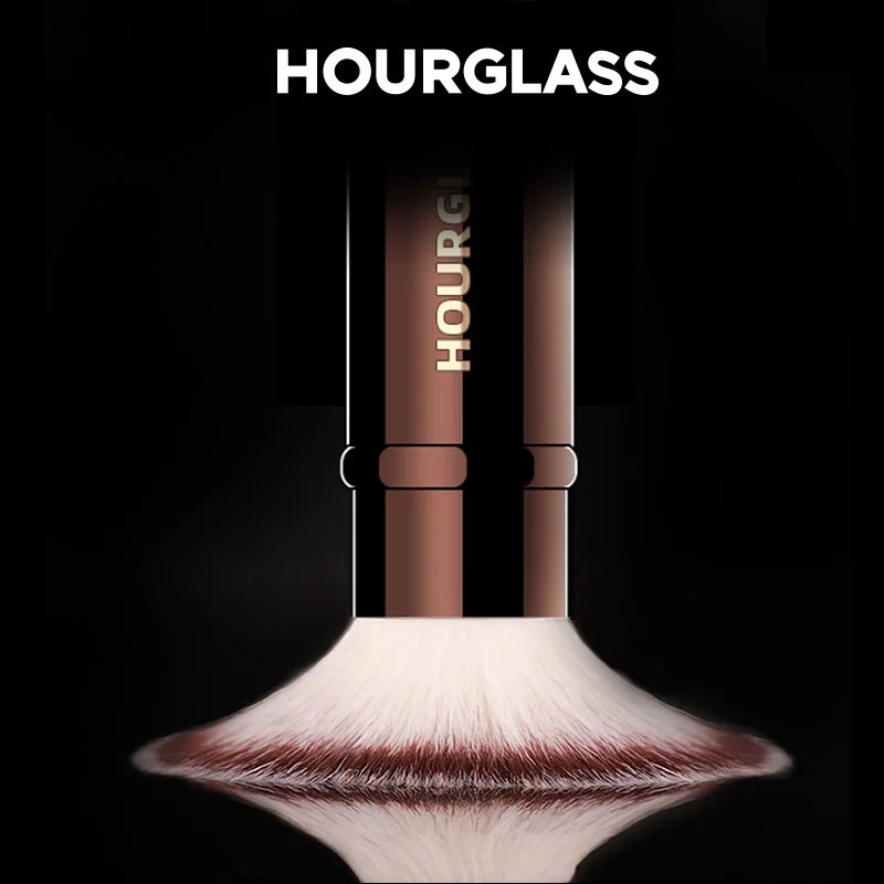 Hourglass Makeup Brushes Powder Foundation Concealer Blusher Bronzer Eye Shadow Eyebrow Eyeliner Sculpting Brush set with rose gold handles and white bristles.