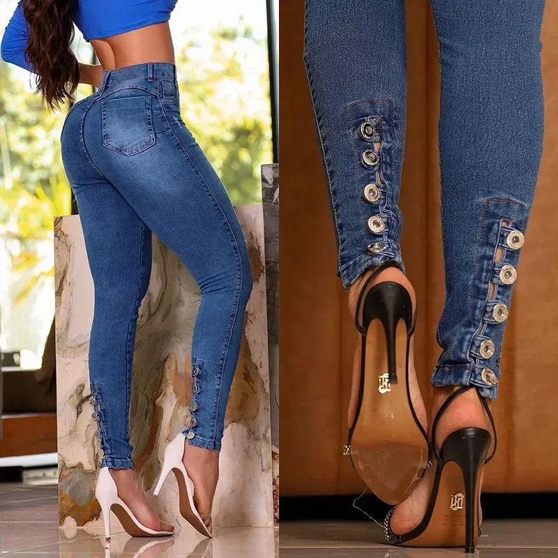 Spring 2025 Fashion Button Jeans Women casual skinny high-waist denim trousers with button details and butt-lifting fit