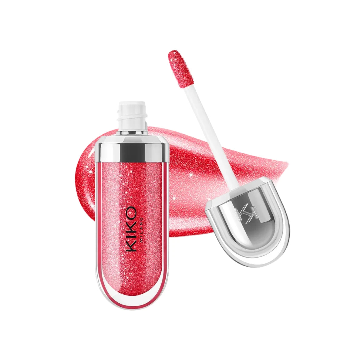 Fashion Kiko 3D Hydra Lip Gloss in shimmering pink with waterproof, long-lasting moisturizing formula and silver applicator.