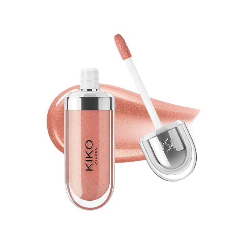 Fashion Kiko 3D Hydra Lip Gloss in shimmering peachy pink with white applicator and silver cap, showcasing long-lasting