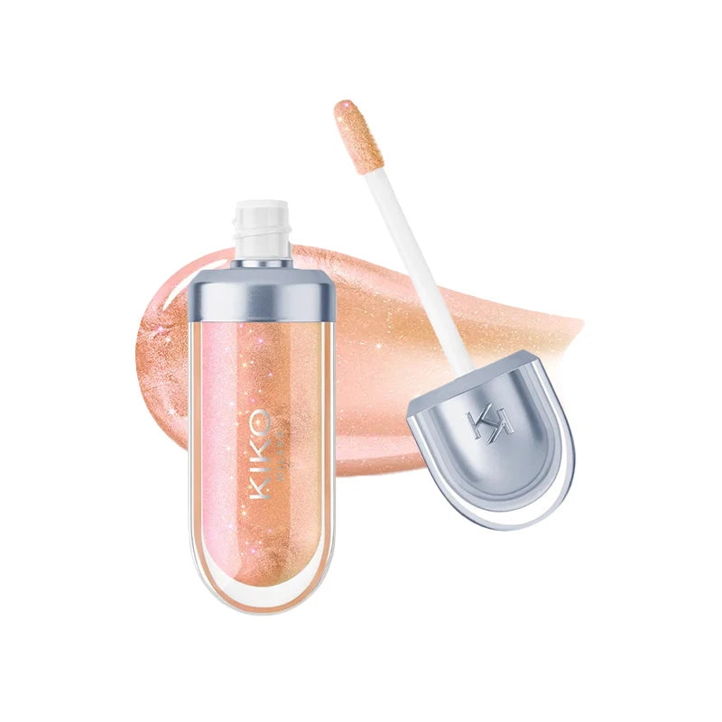 Fashion Kiko 3D Hydra Lip Gloss in shimmering peach color, waterproof, long-lasting, moisturizing formula with silver
