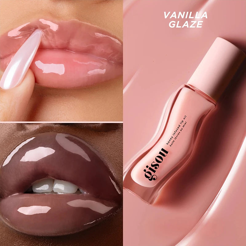 Gisou Moisturizing Watermelon Lip Balm Lip Oil Gloss with plumping and exfoliating benefits, shown on lips and in a pink
