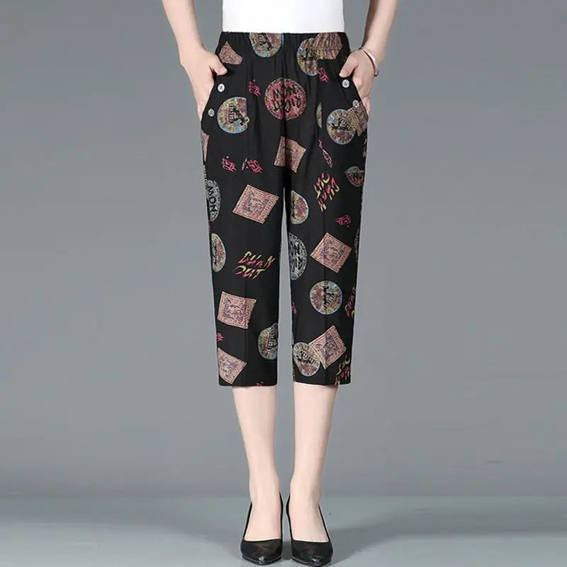 Summer new high waist Capri pants with elastic waistband, loose straight fit, patchwork vintage printed design with pockets for women.
