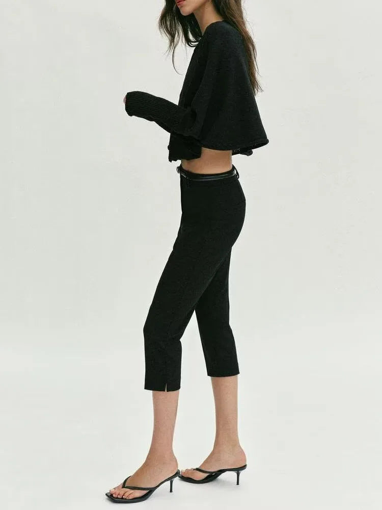 Spring New Arrival Women's Casual Pure Color Capri Pants with Belt, black versatile leisure trousers with simple design and