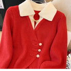 New 2025 Autumn Winter Design Splicing Slim Women Knitted Cardigan Sweater Jacket featuring a red and white color block
