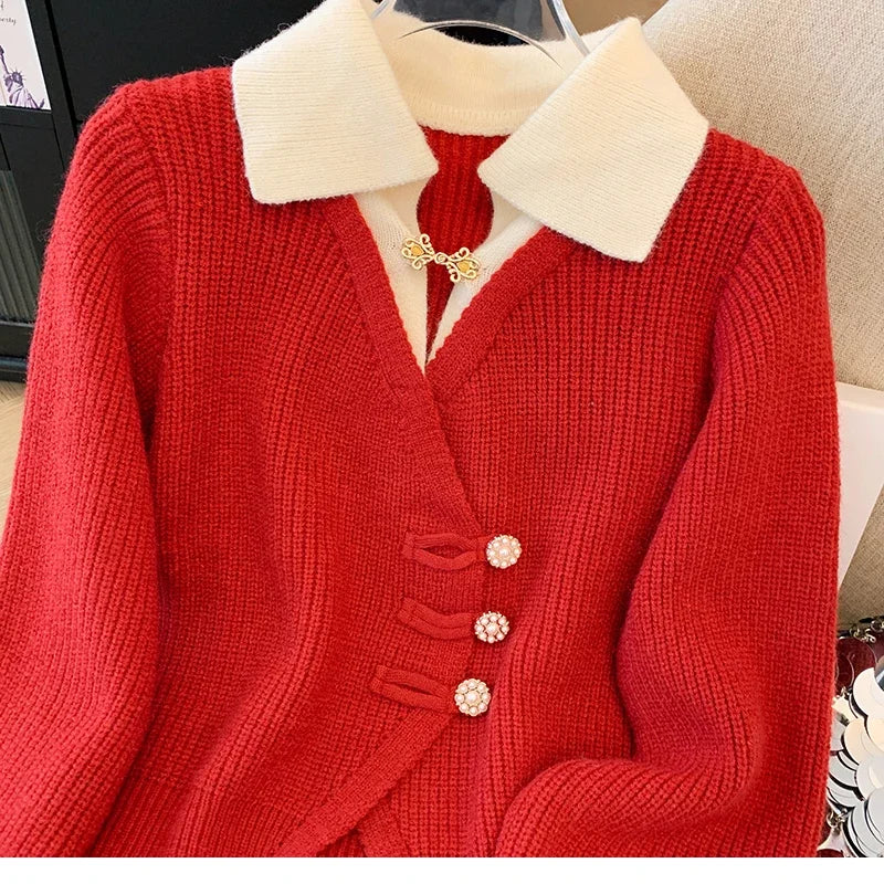 New 2025 Autumn Winter Design Splicing Slim Women Knitted Cardigan Sweater Jacket featuring a red and white color block