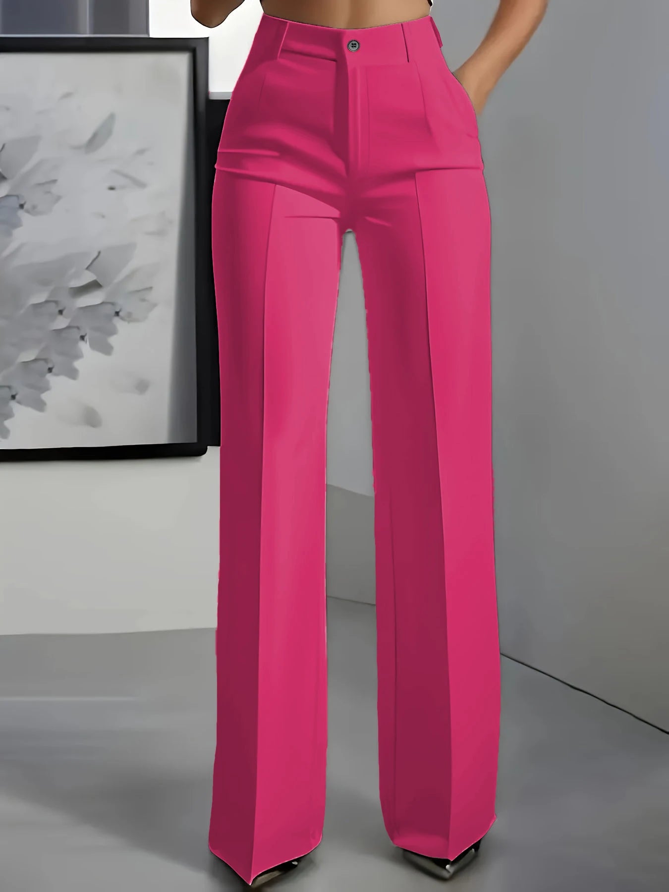 New 2025 Women's High-Waisted Draped Straight-Cut Suit Pants in bright pink, made of smooth fabric, suitable for European American cross-border fashion.