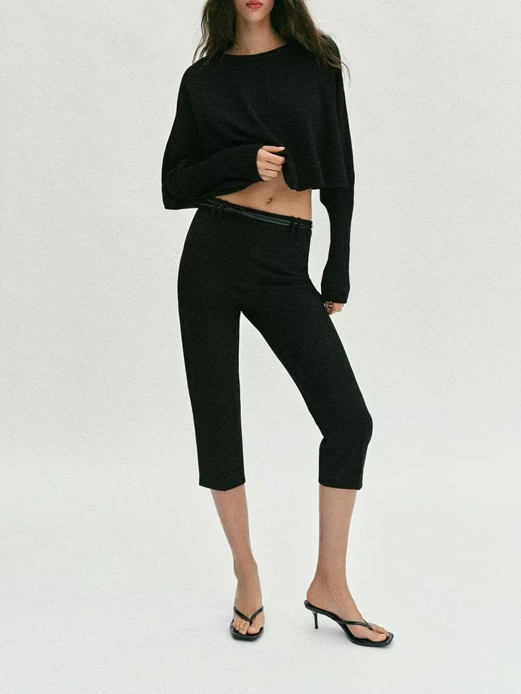 Spring New Arrival Women's Casual Pure Color Capri Pants with Belt, black lightweight fabric, versatile leisure trousers