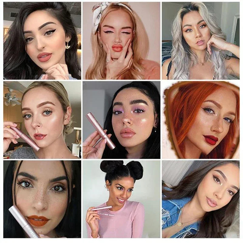 Nine women with various eye makeup looks and the Better Than Sex Mascara in pink aluminum tubes, showcasing long, volumized