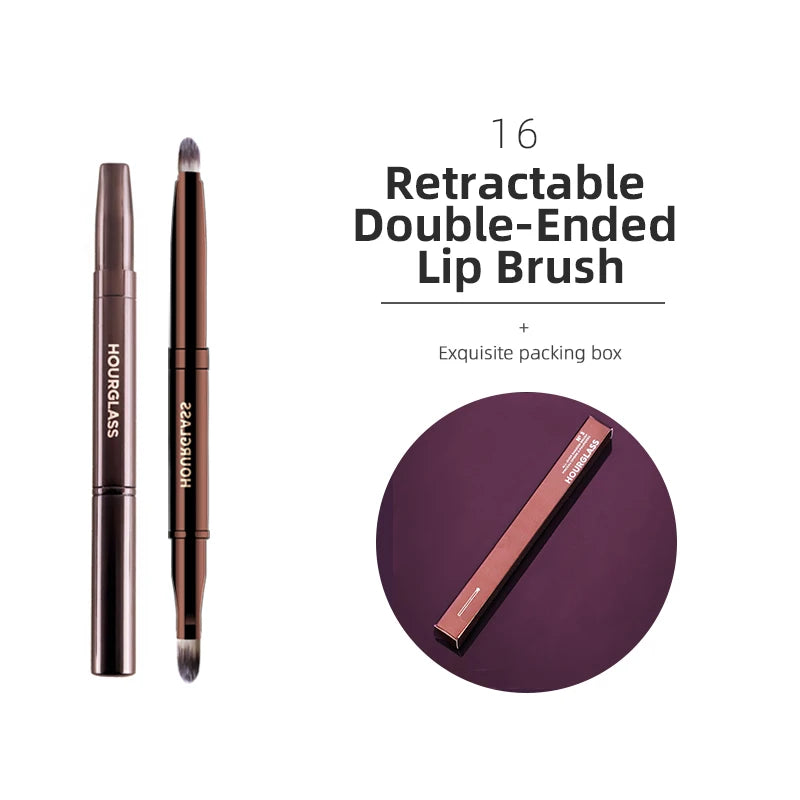 Hourglass Makeup Brushes Powder Foundation Concealer Blusher Bronzer Eye Shadow Eyebrow Eyeliner Sculpting Brush with retractable double-ended lip brush in pink and black.