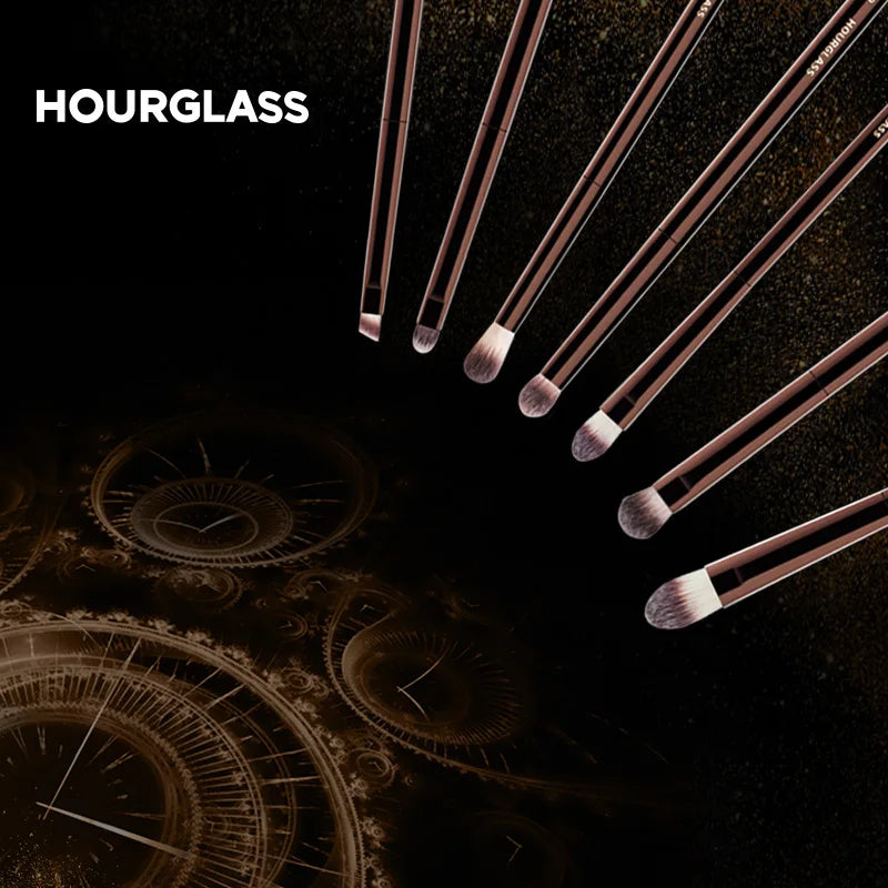 Hourglass Makeup Brushes set with rose gold handles and synthetic bristles for powder, foundation, concealer, blush, bronzer, eye shadow, eyebrow, eyeliner, and sculpting applications.