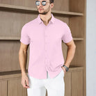 New Men's Business Casual Solid Color Short Sleeve Shirt for Summer Fashion, No Ironing, Comfortable and Versatile Top, Light Pink