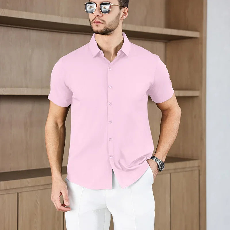 New Men's Business Casual Solid Color Short Sleeve Shirt for Summer Fashion, No Ironing, Comfortable and Versatile Top, Light Pink