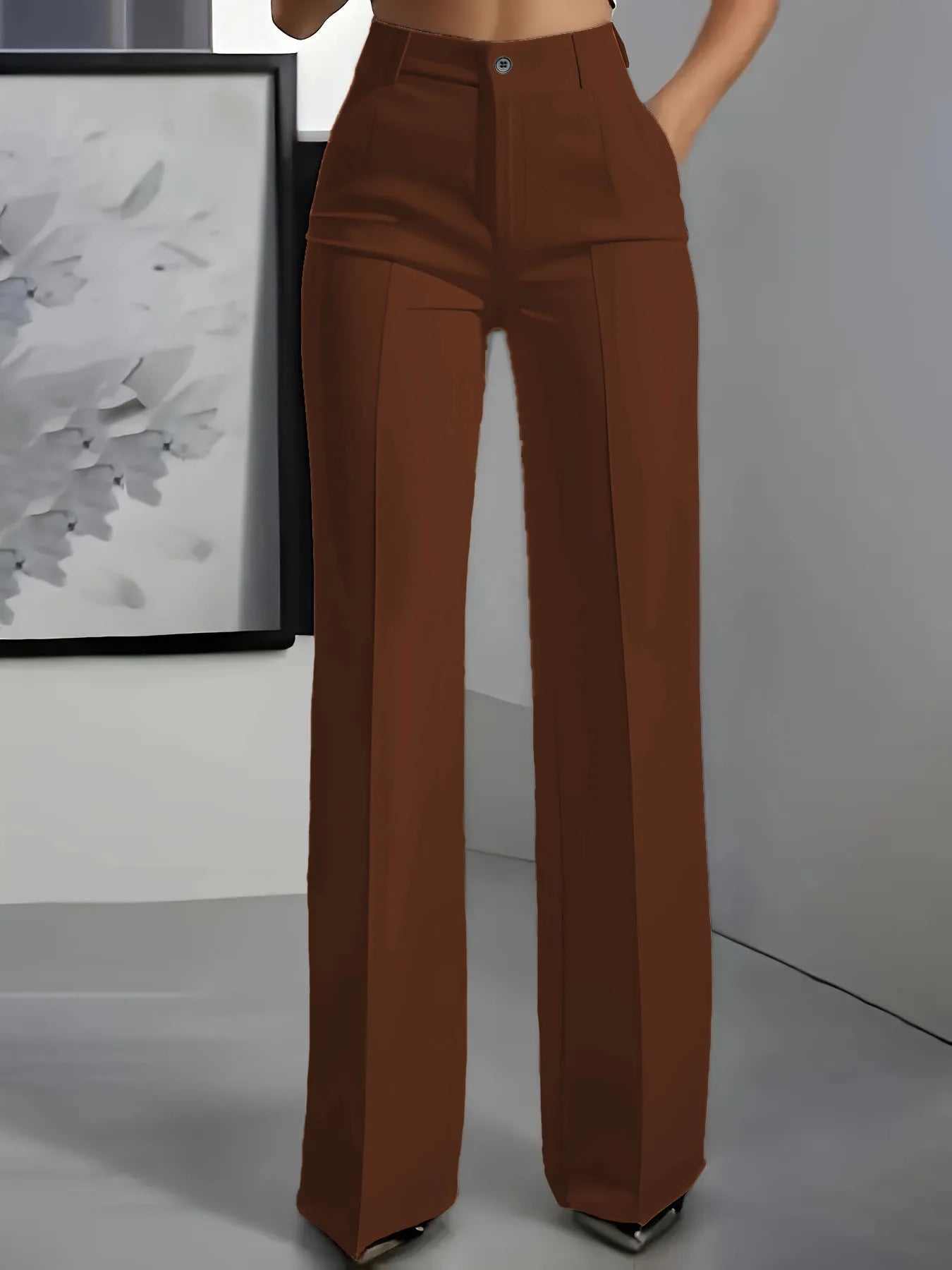 Women's High-Waisted Straight-Leg Trousers Formal Office Trousers Slim-Fit Cut Classic Solid-Colour Suit Trousers in brown fabric, worn for professional or formal wear.