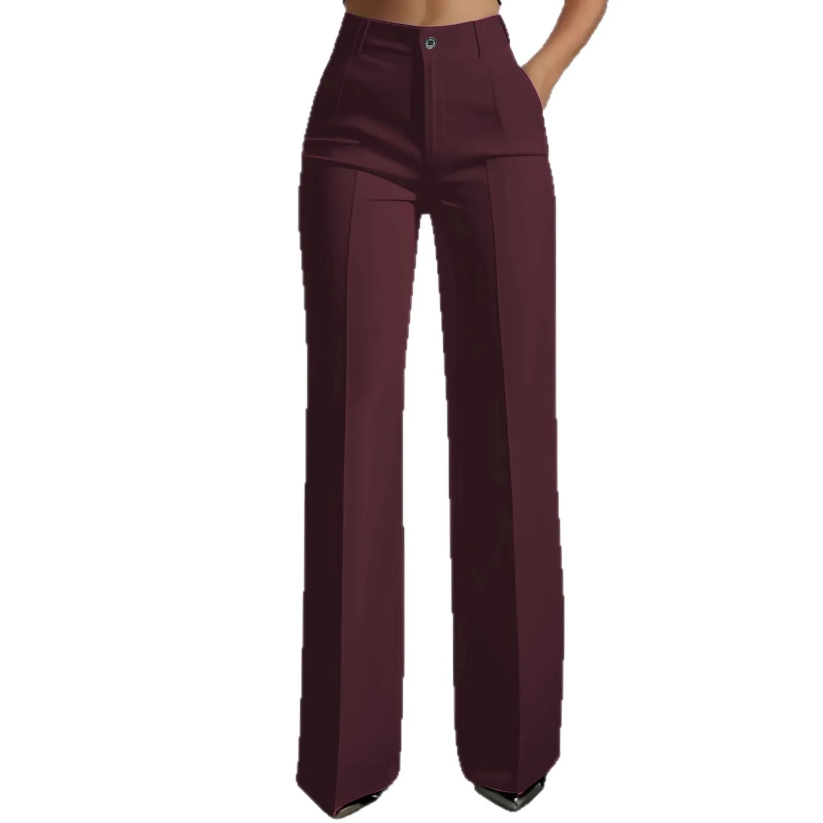 Women's high-waisted straight-leg trousers in dark burgundy, formal office style, slim-fit cut, solid color, tailored design.