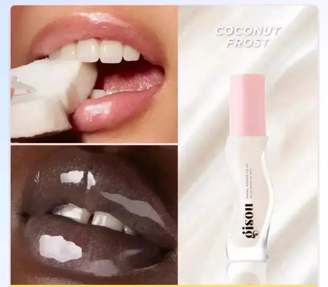 Gisou Moisturizing Watermelon Lip Balm Lip Oil being applied to lips, showing plumping and exfoliating benefits, with a pink