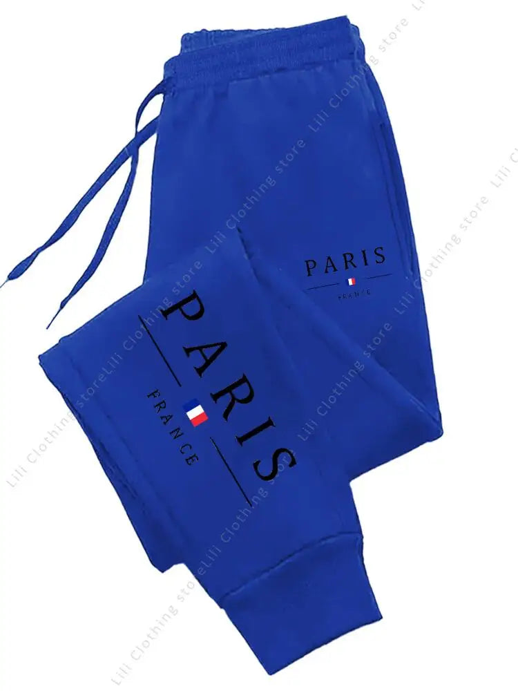 2025 New Hot Sale PARIS Jogger Pants for Women in blue fleece material with high waist, drawstring, suitable for autumn and
