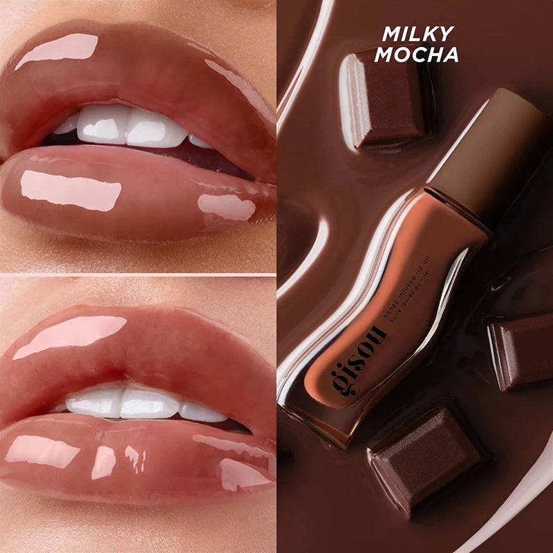 Gisou Moisturizing Watermelon Lip Balm Lip Oil Gloss shown on lips with plumping and exfoliating benefits, in a milky mocha
