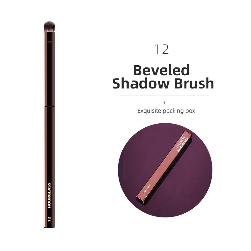 Hourglass Makeup Brushes Beveled Shadow Brush with black handle, soft bristles, and elegant packaging for eyeshadow and sculpting.