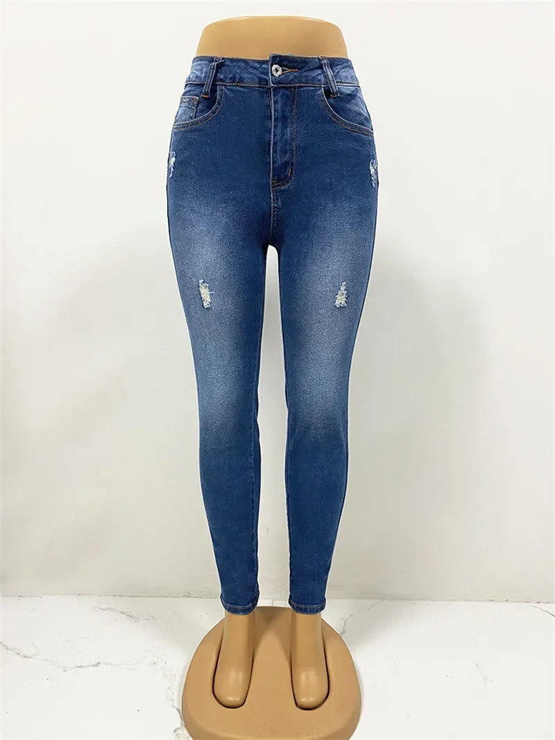 Spring 2025 fashion button jeans women casual skinny pencil pants with high waist, slim stretch denim, distressed details