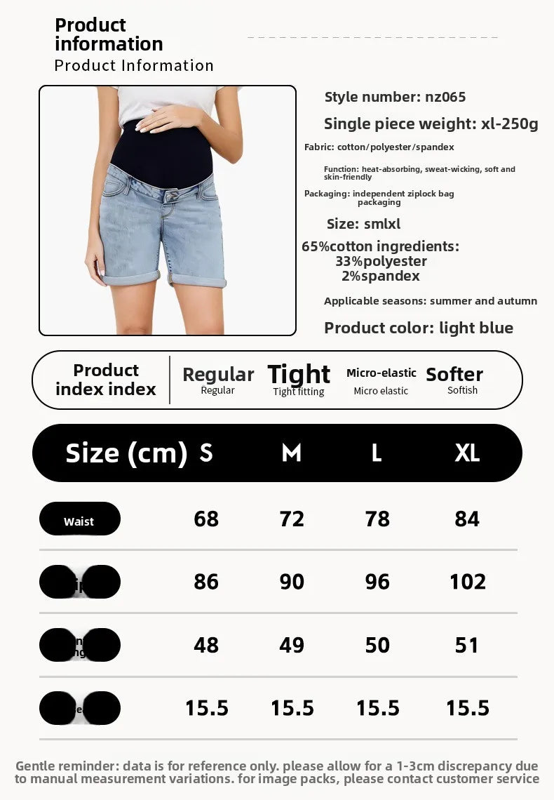Pregnancy Capri Jeans High Waist Tummy Control Rolled Cuff denim shorts in light blue with a high waist and rolled cuffs.