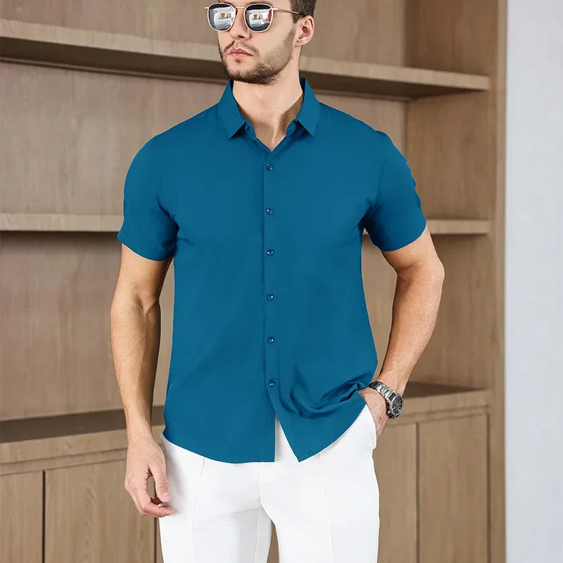 New Men's Business Casual Solid Color Short Sleeve Shirt for Summer Fashion, No Ironing, Comfortable, Versatile Top in blue