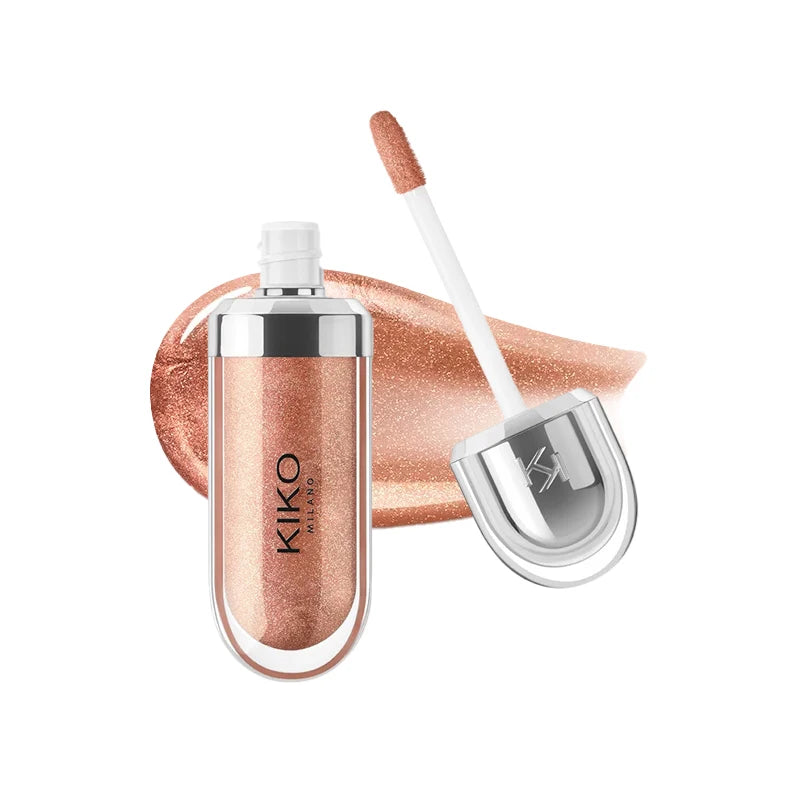 Fashion Kiko 3D Hydra Lip Gloss in shimmering rose gold with waterproof, long-lasting moisturizing formula and applicator.