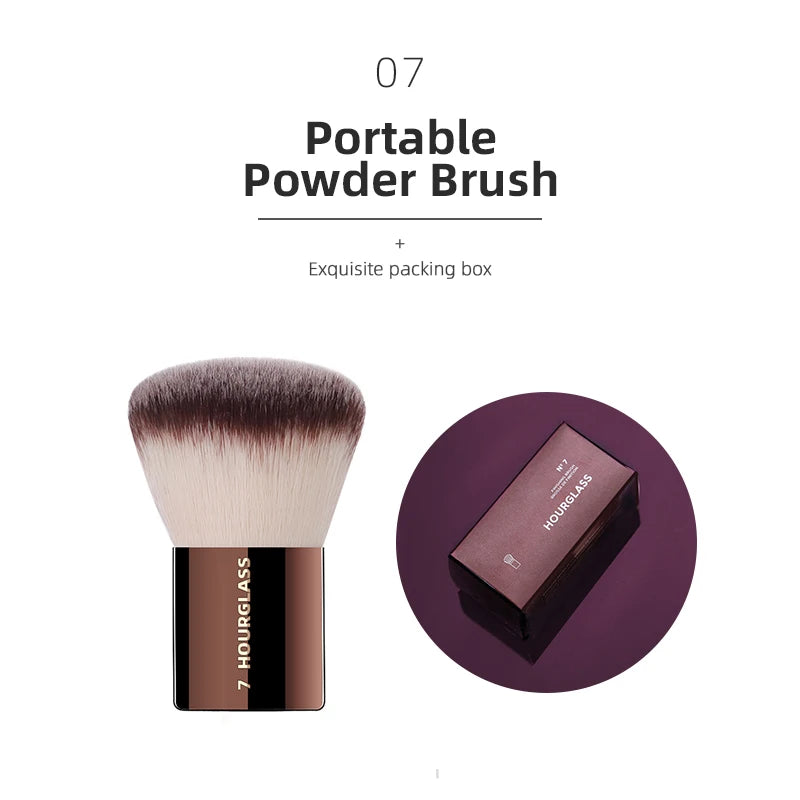 Hourglass Makeup Brushes Powder Foundation Concealer Blusher Bronzer Eye Shadow Eyebrow Eyeliner Sculpting Brush with black and rose gold handle and soft bristles, in purple packaging box.
