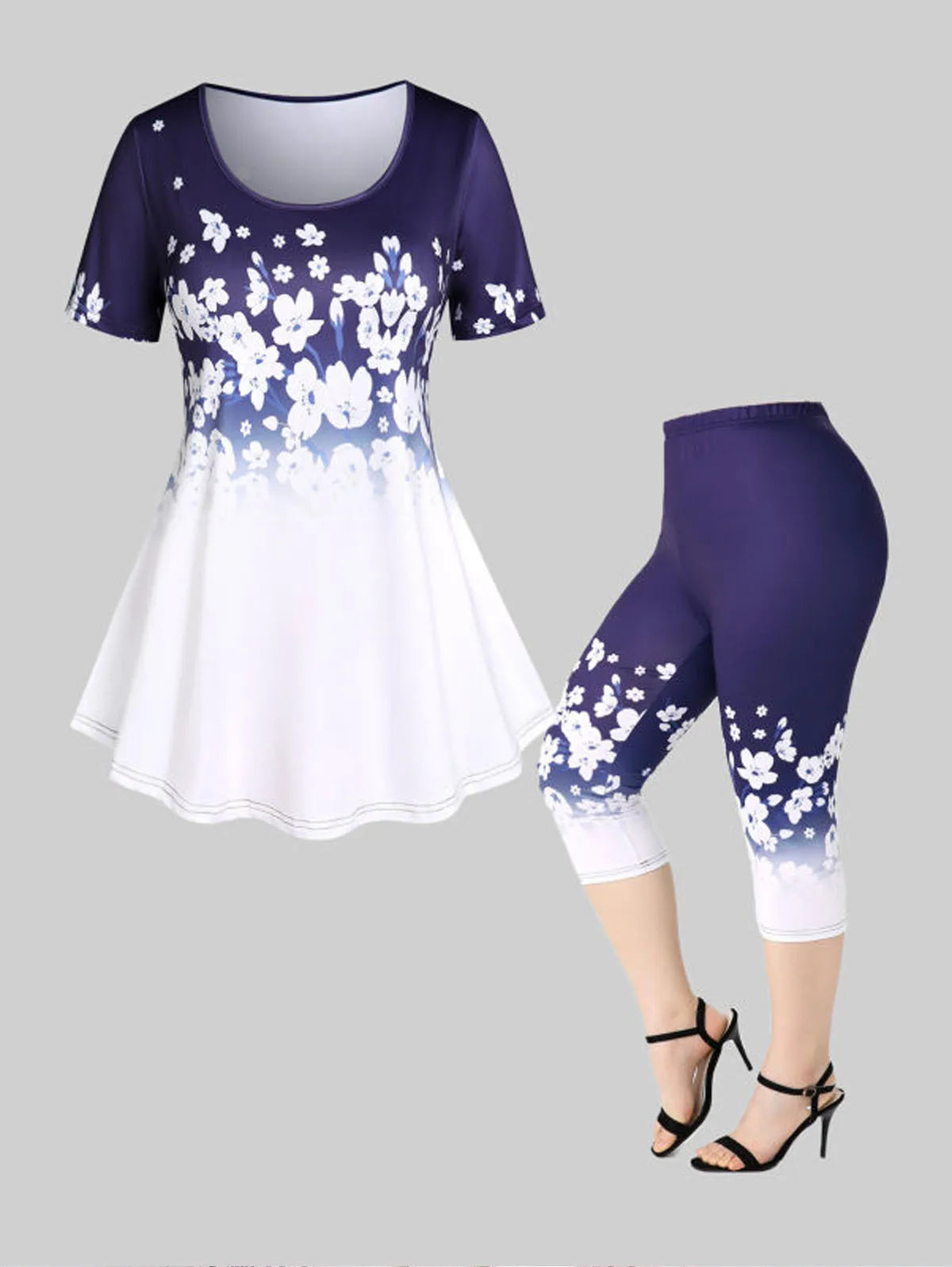 ROSEGAL Plus Size 3D printed floral graphic outfit with colorblock suit, matching tee, and capri leggings in navy blue and
