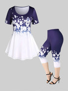ROSEGAL Plus Size 3D printed floral graphic outfit with colorblock suit, matching tee, and capri leggings in navy blue and
